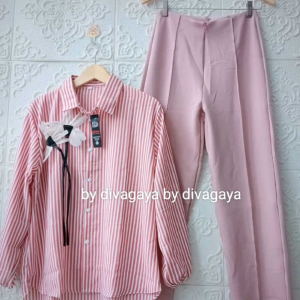 Setelan Wanita Himawari Atasan Blouse Crincle Motif Salur Celana Kulot Scuba Panjang Fashion Kekinian