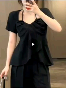 New summer halter neck short-sleeved T-shirt large size fat waist slimming belly-covering top