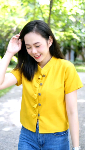 เสื้อผ้าฝ้ายคอจีน กระดุมเหรียญ+ทิวลิป