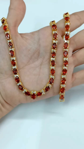 ชุดสร้อยคอ ข้อมือ และต่างหู พลอยสีขนาด 5*7 คั่นเพชร CZ ชุบทองไมครอน