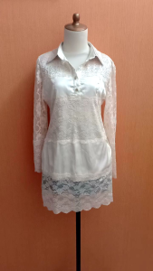 atasan kemeja wanita cream silk mix lace M L cewek lengan panjang MEWAH blouse berkerah