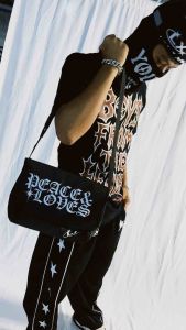 LXNTX Tas selempang pria Peace & loves Black Free sticker