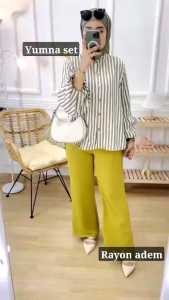 Yumna Set Baju Rayon Premium Celana Crinkle Airflow / Setelan Baju Celana Panjang Rayon Premium Mix Crinkle Airflow Adem Halus Kemel-kemel / Setelan Wanita Premium Terbaru Kekinian Bahan Rayon Premium Mix Crinkle Airflow