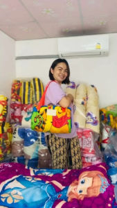 เครื่องมือเด็กอนุบาล ลายกระต่าย และเพื่อน เขียนชื่อ และมีหมอนในตัว สายแปะตีนตุ๊กแก