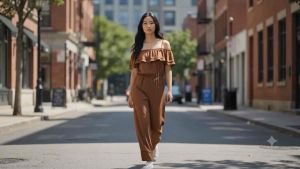 Affordable Preloved Jumpsuit Brown Off-Shoulder Ruffle Design Casual Streetwear
