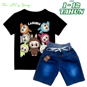 Setelan Anak Laki-laki Labubu dan Jeans Pendek Navy Usia 1-12 Tahun