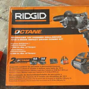 Ridgid 18 Volt Octane Cordless Brushless Combo Kit With Hammerdrill Impact Driver (2) 3.0 Ah Batteries Charger
