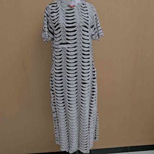 maxi long dress wanita putih motif hitam L XL lengan pendek krah shanghai model cheongsam santai