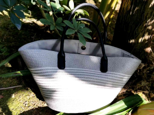 DaVee | Handmade woven straw bag Beach bag tote shopping bag grey striped bag straw bag