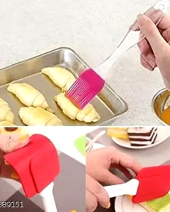 2 Kitchen Silicon Flat Pastry Brush and Spatula Set Multi Purpose Silicon Oil Cooking Brush for Grilling Tandoor and BBQ Multicolor