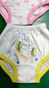 White baby underwear with colorful designs and elastic waistbands and leg openings.
