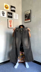 Baggy Jeans Pria Celana Gombrong Skena Wide Leg Retro Black Wisker