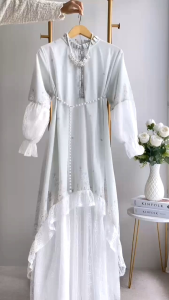 dress wanita terbaru / dress kekinian / dress viral - dress azaira #12 - ceruty mix brukat chantily full furing ld 108 pj 140 busui free belt mutiara