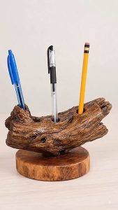 Driftwood Pencil Holder – Rustic & Unique Natural wood texture Three pen slots Sturdy wooden base Office desk accessory Home office decor.
