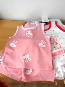 🇲🇾Kids Girl Cute Pink Bunny Sleeveless Shirt + Pants Suit