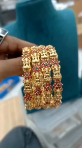 premium quality beautiful Gold polish Lakshmi bangles with Kemp stones( Pair of bangles)