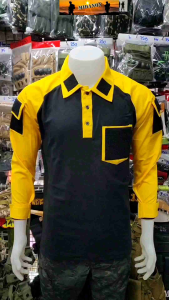เสื้อโปโล แขนยาว เสื้อโปโลหน่วยงาน ติดตีนตุ๊กแก ดำสลับเหลือง เสื้อpolo