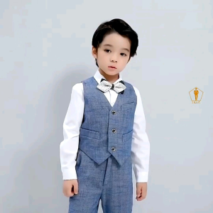 Set bộ vest bé trai TRAZ(áo vest+quần+gile)màu karo xước xám xanh vest đầy tháng thôi nôi(bé mũm mĩm tăng 1 đến 2 size)