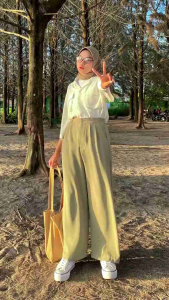 Loose Pants Trousers Warna Sage Celana Anti Kusut Celana Kulot Jumbo Highwaist BB 35-105kg Cullotes Premium