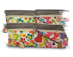 Colorful pouches with floral and heart patterns featuring multiple zippered compartments and wrist straps.