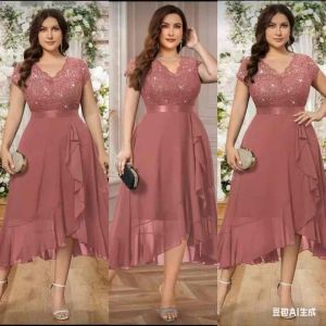 Melody Plus V Neck Sequin Lace Bodice Ruffle Split Thigh Chiffon Evening Party Long Dress Elegant Wedding Guest Dress For Birthday Graduation Homecoming