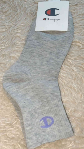 Champion gray socks with purple logo six-pack ribbed texture soft fabric casual wear.