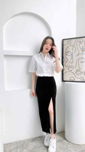 Maneenush กระโปรงทรงเอยาว 36 ดื่ม ผ่าหน้า/หลัง ผ้าฮานา โกยฯูด