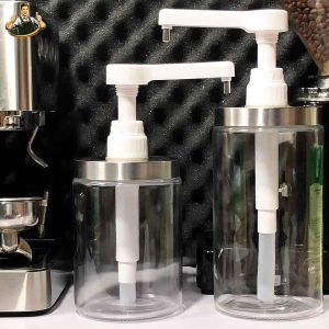 Bình Thuỷ Tinh Đựng Sữa Đặc 1.3L-1.7L Có Bơm Van Inox 10-30ml Cho Quán Cafe Trà Sữa