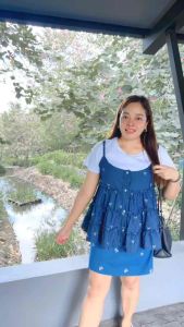 BN559.เสื้อแฟชั่นสาวอวบ งาน2ชิ้นผ้ายีนเทียมลายโบว์ เสื้อยืด+สายเดี่ยว อก 48