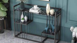 Kệ đứng bàn Console trang trí phòng khách mặt đá 3 tầng chân kim loại kiểu sọc sang trọng hiện đại BC-04
