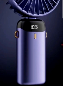 Portable handheld fan with intelligent digital display 1800mAh rechargeable battery 5-speed settings suitable for desk or neck use shown with ice cubes for cooling effect.