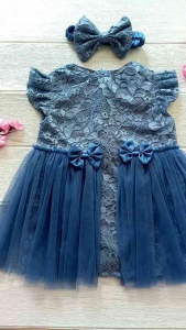 Dress Gaun Pesta Bayi Perempuan 1 Tahun Brukat Tile Free Bando Pita Biru Denim Jahitan Tailor