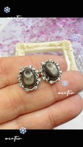 Subang Kristal Natural Crystal Silver Obsidian Earrings 925 Silver Pin 纯天然水晶银曜石黑曜石耳钉925纯银耳针 1582