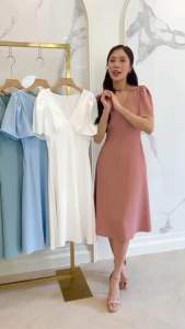 ชุดเดรส ชุดออกงาน ชุดราตรี F262 คอวีแขนระบาย กระโปรงบาน