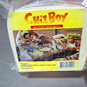 Chiz Boy Processed Mozzarella 250g - Proven United Mozzarella - Packaged by Consolidated Dairy & Frozen Food Corp - Brownsville Texas - For pizza and cooking use.
