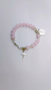 St. Benedict Exorcism Crucifix Light Pink Polygon Crystal Rosary Bangle for Protection Against Bad with Free Boxes