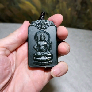 Premium deep greenish Nephrite double sides cravings Acalanatha/Acala (guardian for zodiac sign Rooster) and Pi Xiu Jade pendant/handheld (with certificate) [Natural Crystal] 和田玉塔青墨绿双面雕刻不动明王菩萨(合生肖鸡)、雄鸡、貔貅牌头吊坠/手把(带证书)