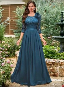 Melody Sequin Floral Lace Contrast Chiffon 3/4 Sleeve Pleated Hem 3D Flower Decoration Formal Party Maxi Dress Formal Women Dress For Wedding Guest Graduation Dinner