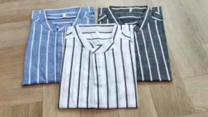 DAYS365 เสื้อคอจีน แขนสั้น ลายทาง #789 เสื้อผู้ชาย ผ้าป่าน เสื้อเชิ้ต