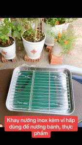 Khay Nướng Inox Kèm Vỉ Hấp dùng để nướng bánh  thực phẩm chất liệu inox 304 dày dặn hình chữ nhật TIỆN DỤNG - GD NARI