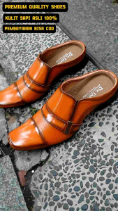 SEPATU SANDAL SELOP FORMAL SEPATU BUSTONG PRIA KULIT SAPI 100% KODE B6015 TAN ( PRODUKSI SENDIRI )