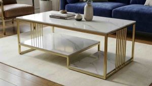 Bàn trà đơn Sofa phòng khách 3 tầng mặt đá chữ nhật chân kim loại sơn tĩnh điện sang trọng hiện đại BT-97