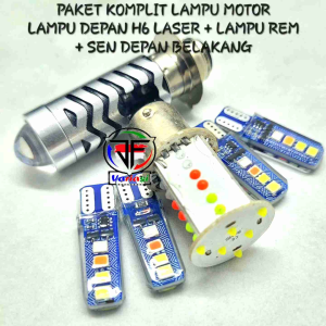 Paket Komplit Lampu Motor: H6 Laser Putih Kuning & Stop Rem Running Bayonet RGBW