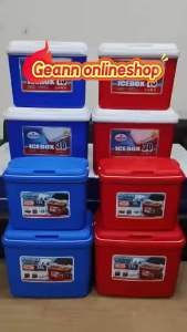 Original Orocan Blue and red Icebox coolers stacked in two columns with capacities 815 30 45 5065 liters. All Size Available