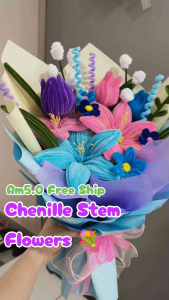 Chenille Stem Flower Bouquet with Blue Pink Purple Flowers and Green Leaves