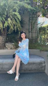 NOOZZSHOP 5911396 เดรสสั่นผ้าพลีทพิมพ์ลาย ดีเทลระบายแขนและชายกระโปรง มีซับใน