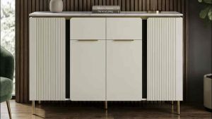 Tủ gỗ decor tủ trang trí phòng khách mặt đá tủ đựng đồ nẹp inox nhiều ngăn RIBELLE sang trọng tiện lợi TG-29
