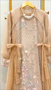 dress terbaru azania / dress kekinian azania / dress viral edisi lebaran - tile bordir mix tile dot full furing ld 116 pj 136