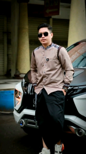 Promo Baju Koko Terbaru | Baju Koko Pria Lengan Panjang Kombinasi Kemeja Koko Haadroh S M L XL Atasan Muslim Laki-Laki Motif Tanduk Rusa HILWA Koko Azzahir Gus Azmi PUTIH KATUN