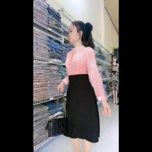 Đầm eo cao giả set áo sơ vin chân váy